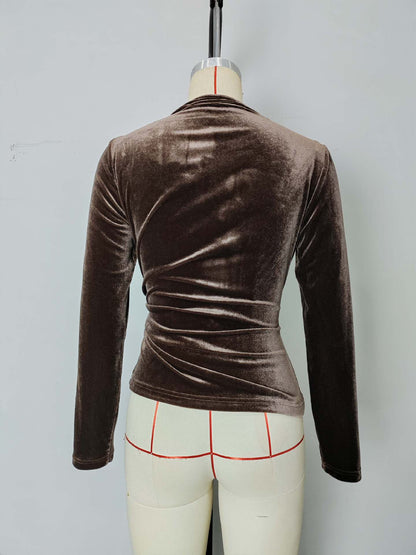 Slim-Fit Velvet Wrap Top with Asymmetrical Neckline