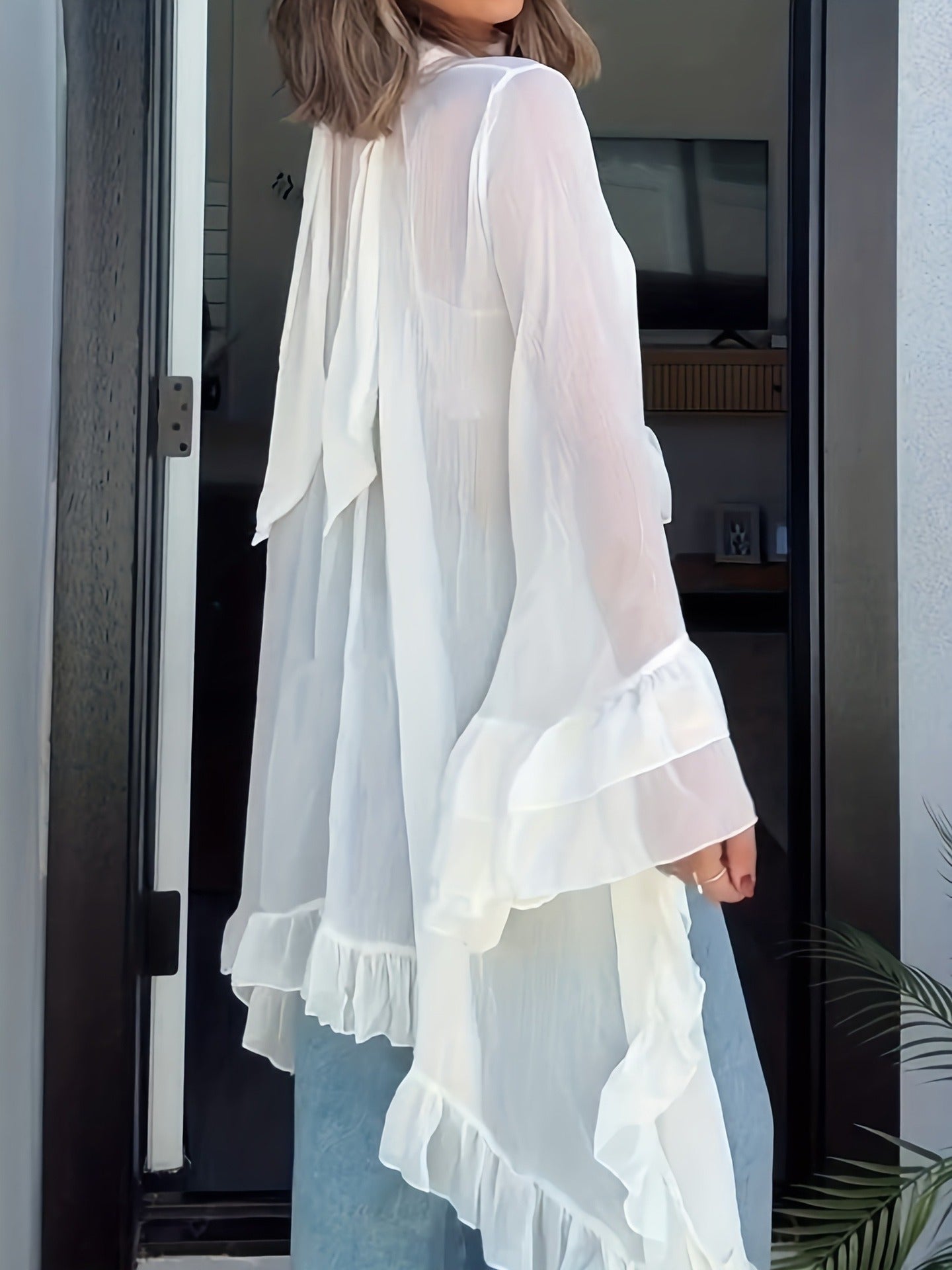 Sheer Cape Blouse with Halter Neck and Ruffles