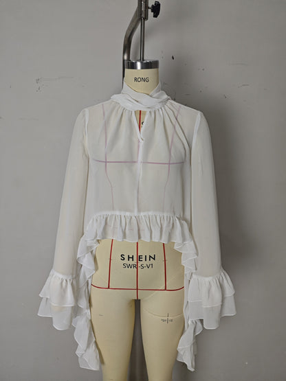 Sheer Cape Blouse with Halter Neck and Ruffles