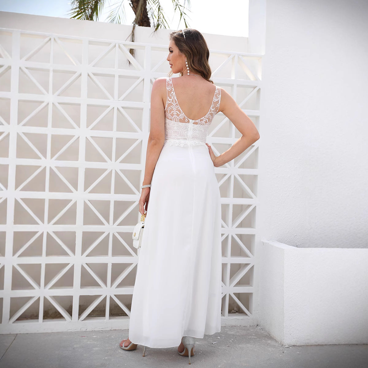 A-line Wedding Gown with Lace Bodice, Deep V-neck, Thigh Slit