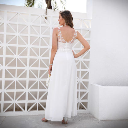 A-line Wedding Gown with Lace Bodice, Deep V-neck, Thigh Slit