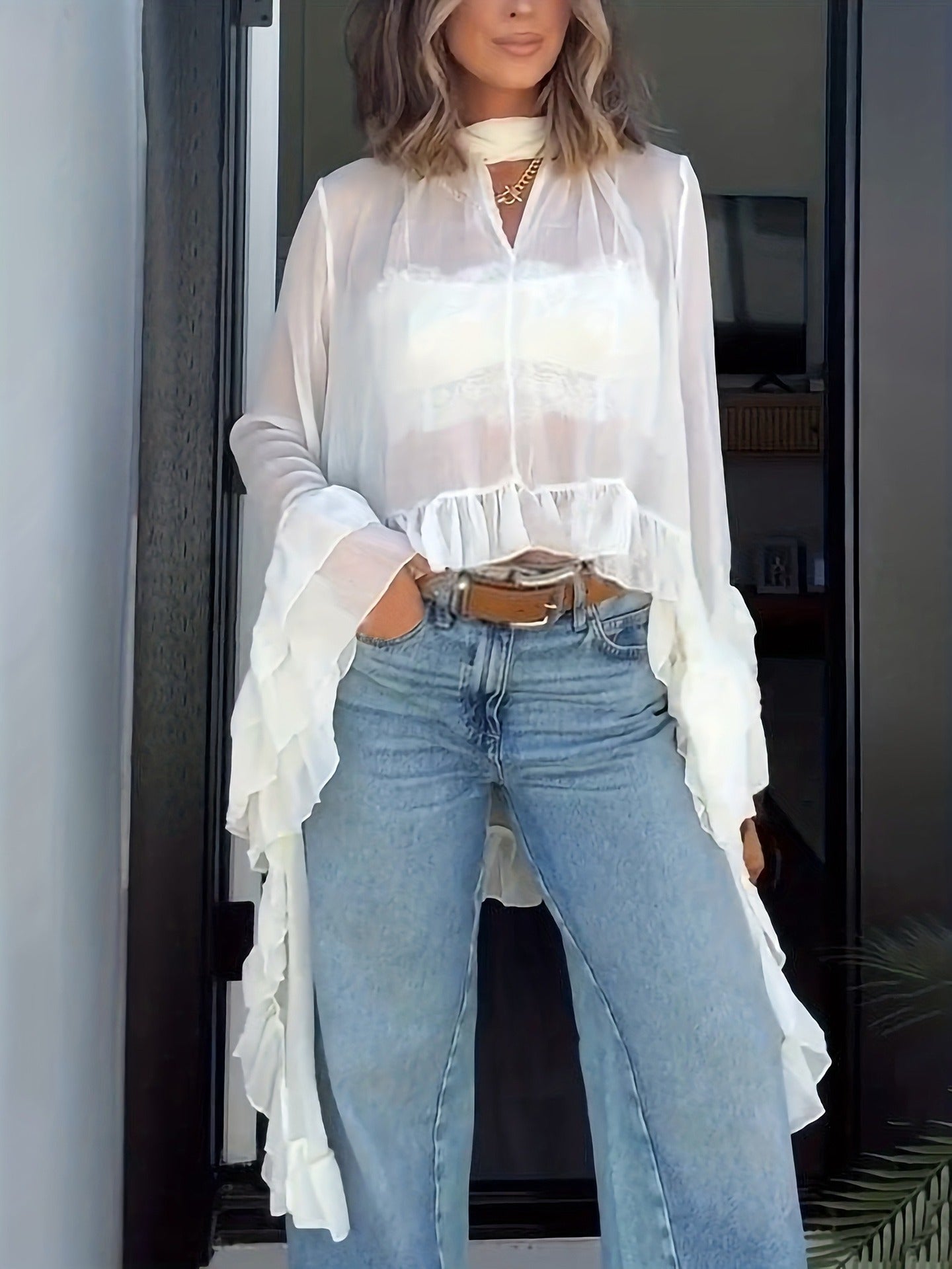 Sheer Cape Blouse with Halter Neck and Ruffles