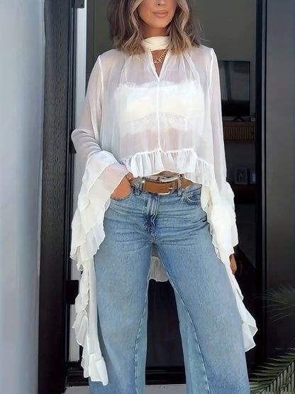 Sheer Cape Blouse with Halter Neck and Ruffles