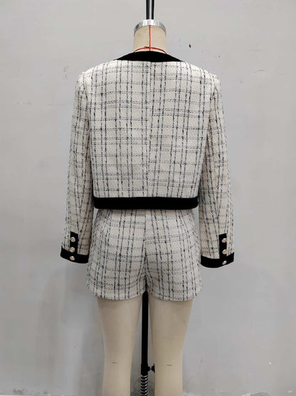 Tweed Plaid Cropped Jacket & Shorts Set with Contrast Trim
