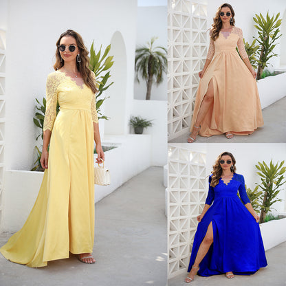 A-Line Maxi Dress with Lace V-Neck Bodice and High Slit