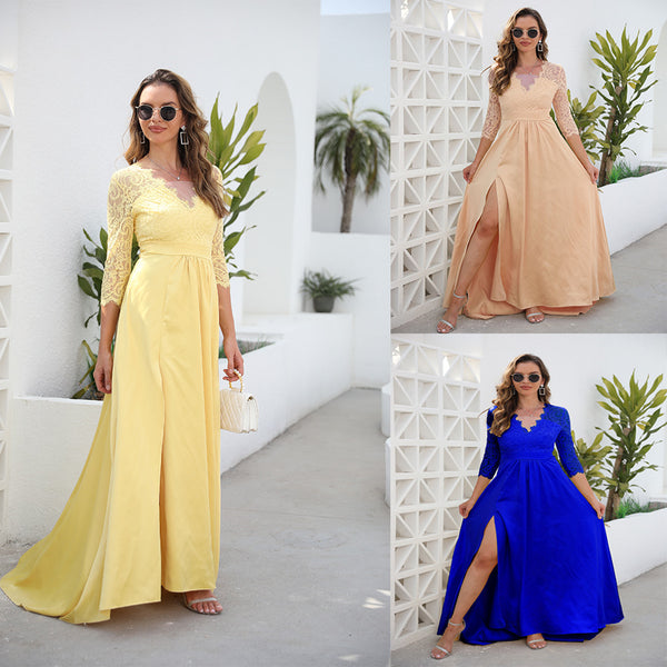 A-Line Maxi Dress with Lace V-Neck Bodice and High Slit