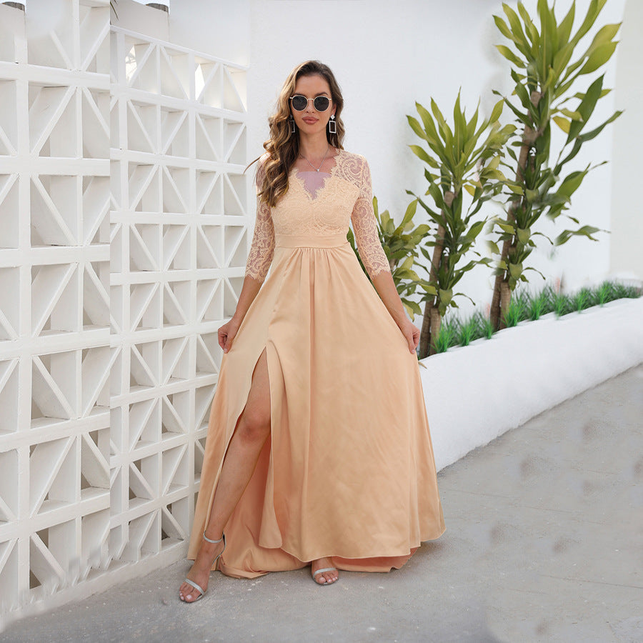 A-Line Maxi Dress with Lace V-Neck Bodice and High Slit