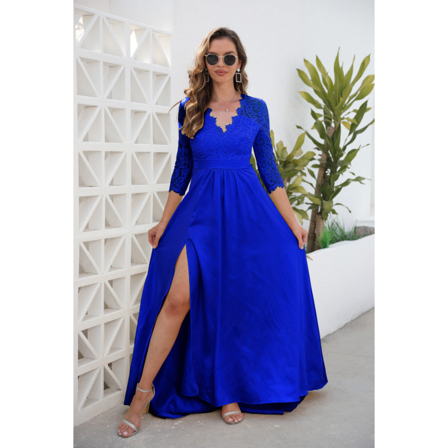 A-Line Maxi Dress with Lace V-Neck Bodice and High Slit