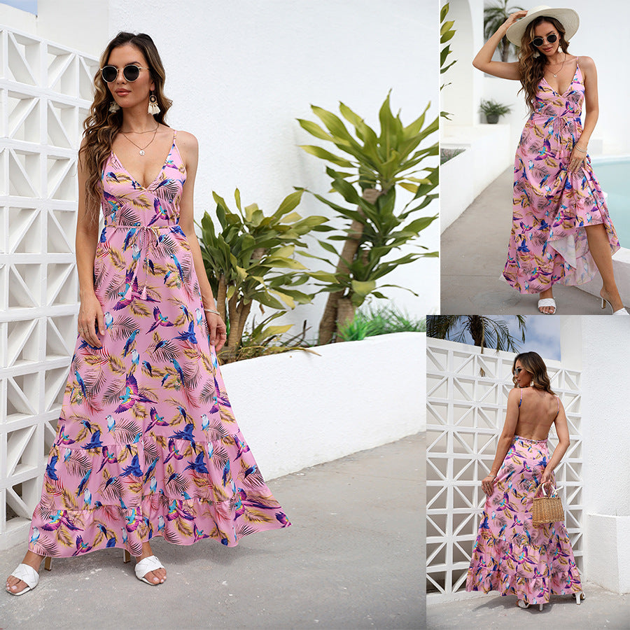 Tropical Print Maxi Dress with V-Neck and Open Back