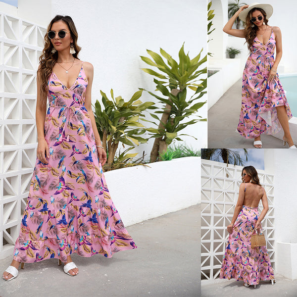 Tropical Print Maxi Dress with V-Neck and Open Back