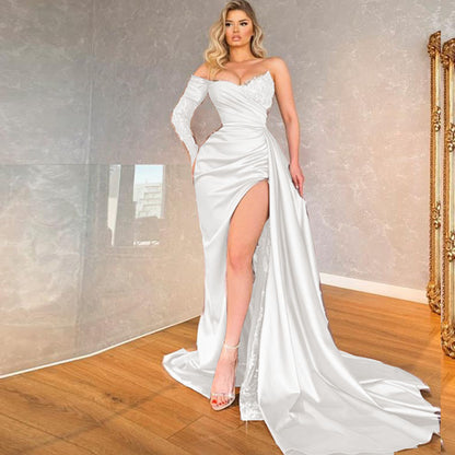 Draped Sheath Gown with One-Shoulder and High Slit