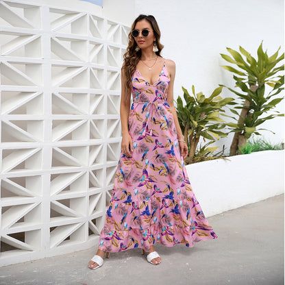 Tropical Print Maxi Dress with V-Neck and Open Back