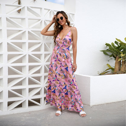 Tropical Print Maxi Dress with V-Neck and Open Back