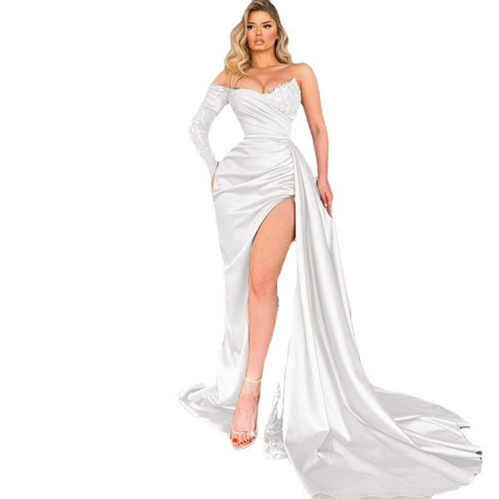 Draped Sheath Gown with One-Shoulder and High Slit