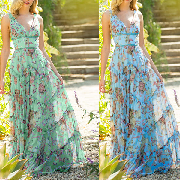 Floral Print Maxi Dress with V-Neck, High Waist, and Tiered Ruffles