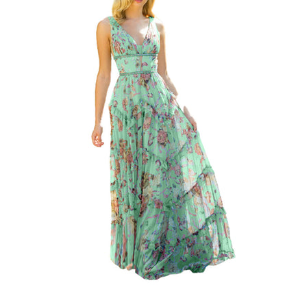 Floral Print Maxi Dress with V-Neck, High Waist, and Tiered Ruffles