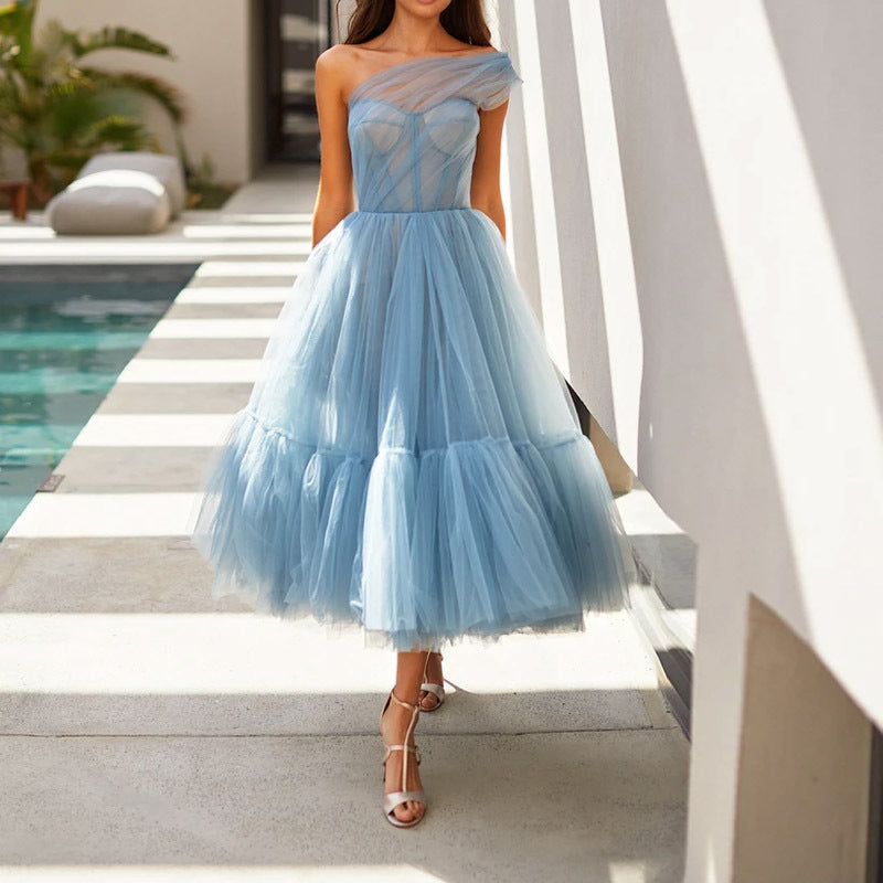 Tutu Midi Dress with One-Shoulder and Structured Bodice