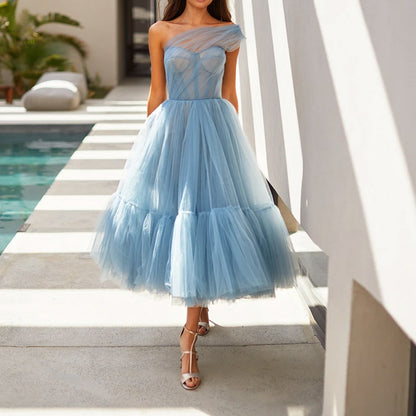 Tutu Midi Dress with One-Shoulder and Structured Bodice
