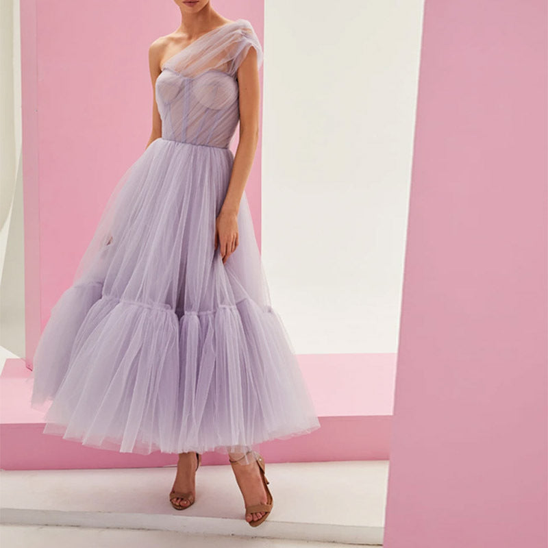 Tutu Midi Dress with One-Shoulder and Structured Bodice