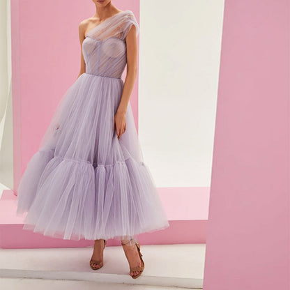 Tutu Midi Dress with One-Shoulder and Structured Bodice