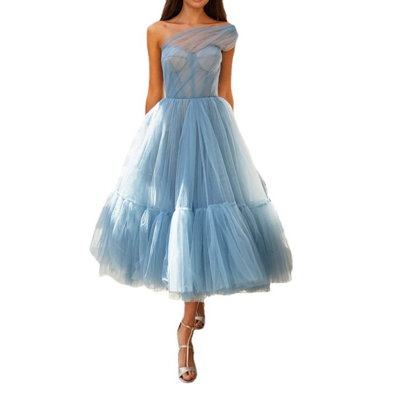 Tutu Midi Dress with One-Shoulder and Structured Bodice