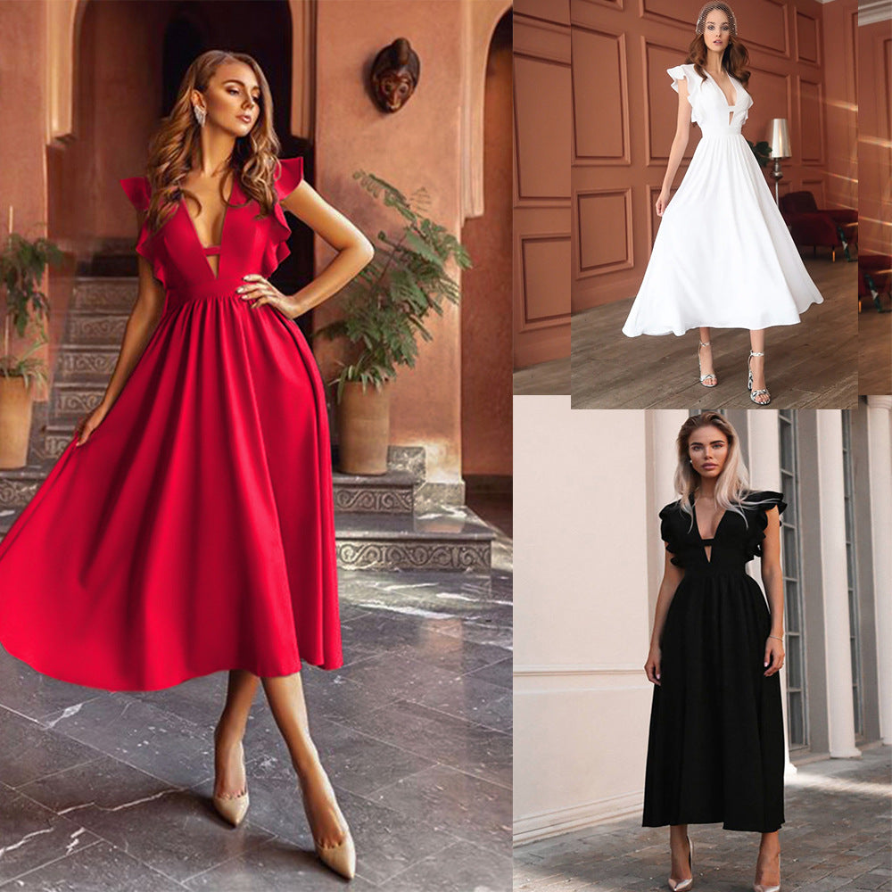 A-Line Midi Dress with V-Neck and Ruffle Sleeves