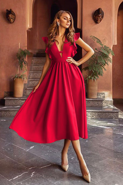 A-Line Midi Dress with V-Neck and Ruffle Sleeves