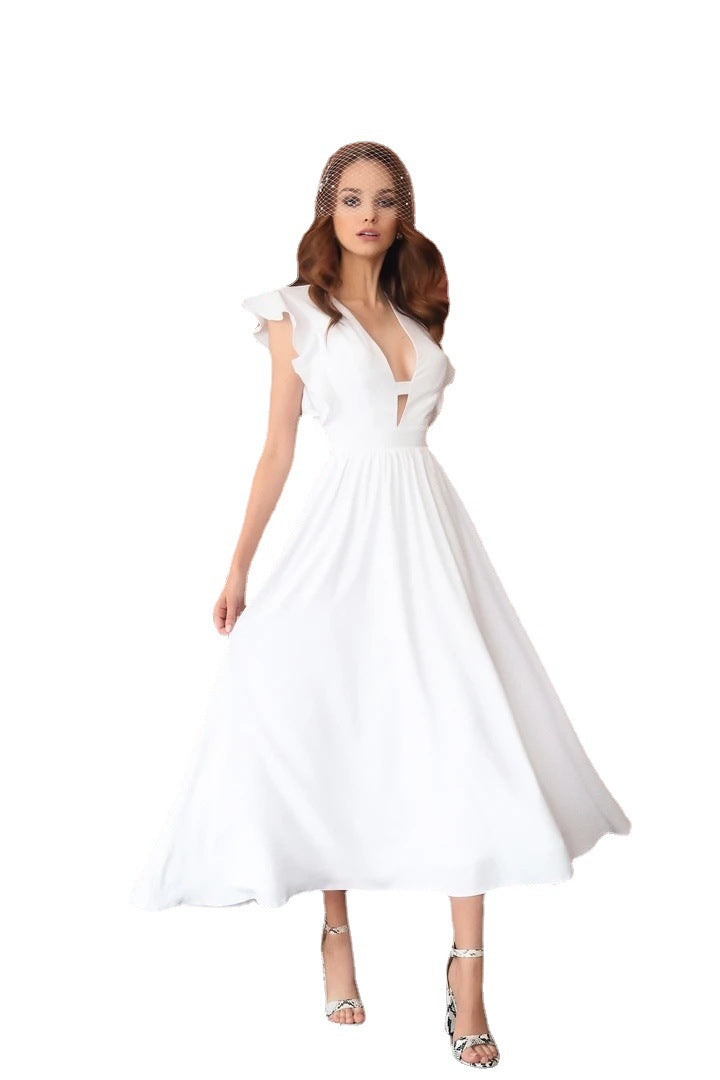 A-Line Midi Dress with V-Neck and Ruffle Sleeves
