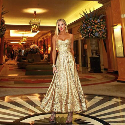 Sequined A-Line Midi Dress with Strapless Neckline