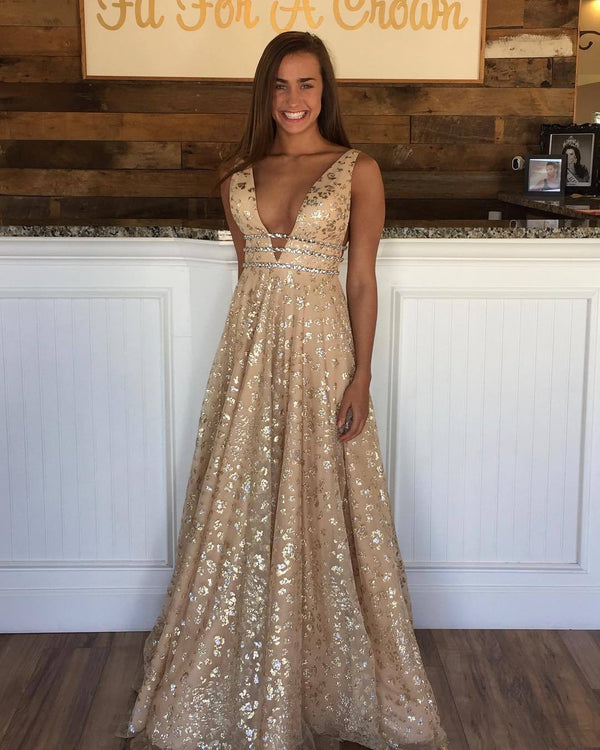 Gold Glitter A-Line Gown with Deep V-Neck