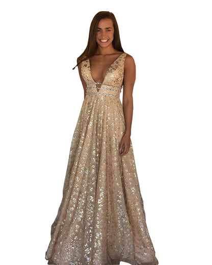 Gold Glitter A-Line Gown with Deep V-Neck