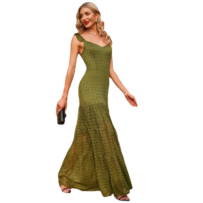 Lace Slim-Fit Maxi Dress with V-Neck and High Waist