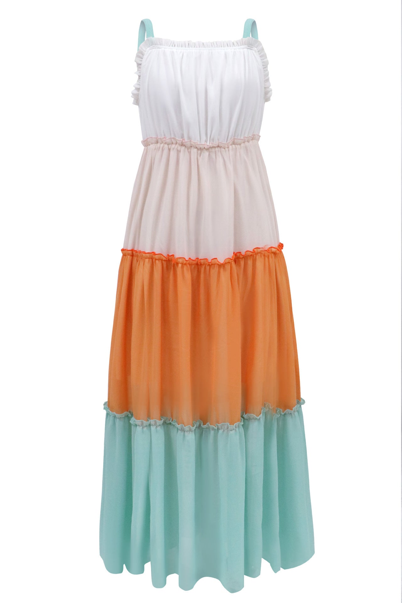 Color Block Maxi Dress with Tiered Skirt and Spaghetti Straps