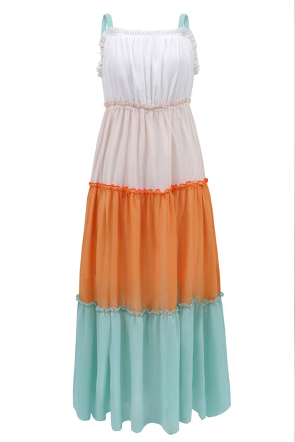 Color Block Maxi Dress with Tiered Skirt and Spaghetti Straps