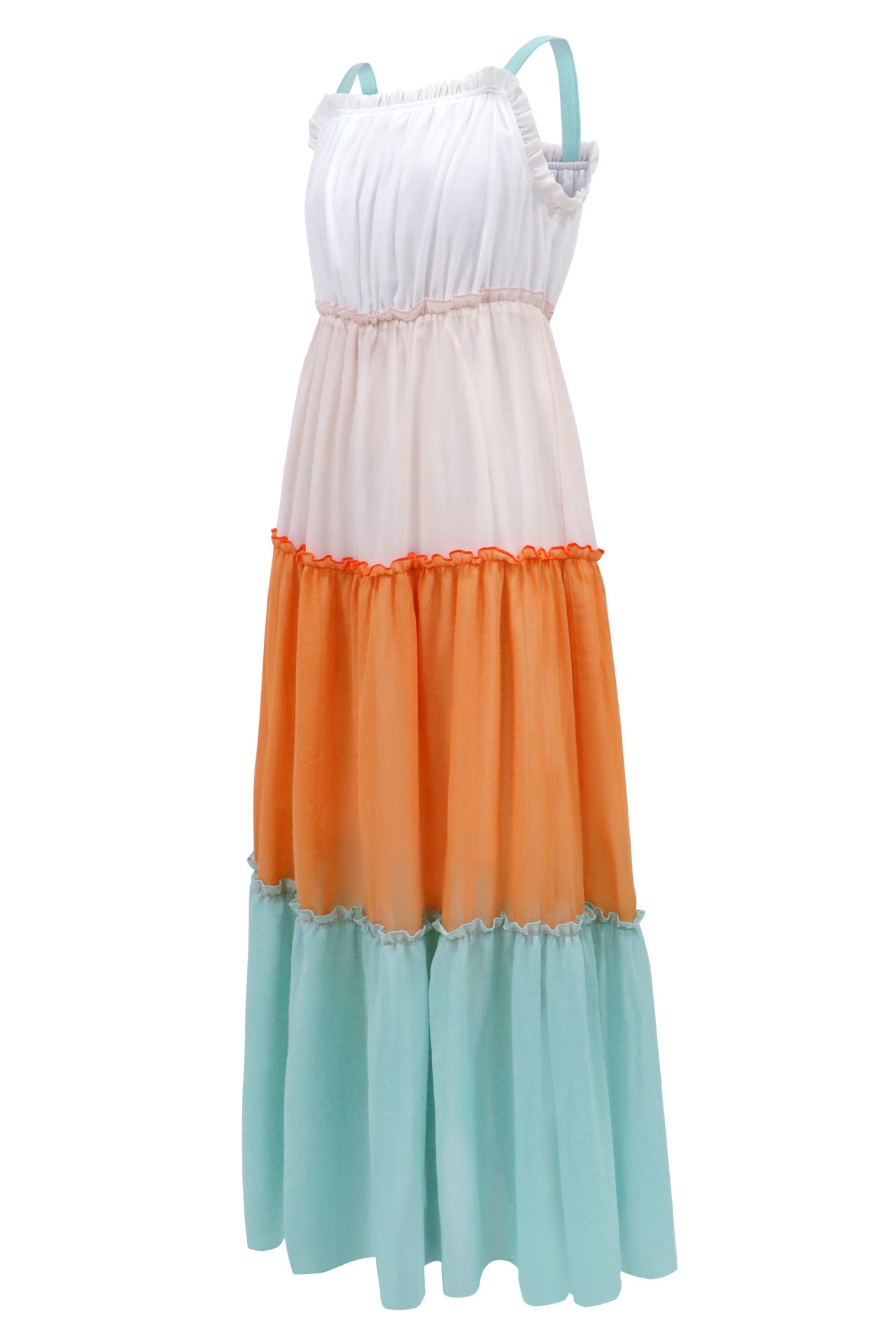 Color Block Maxi Dress with Tiered Skirt and Spaghetti Straps