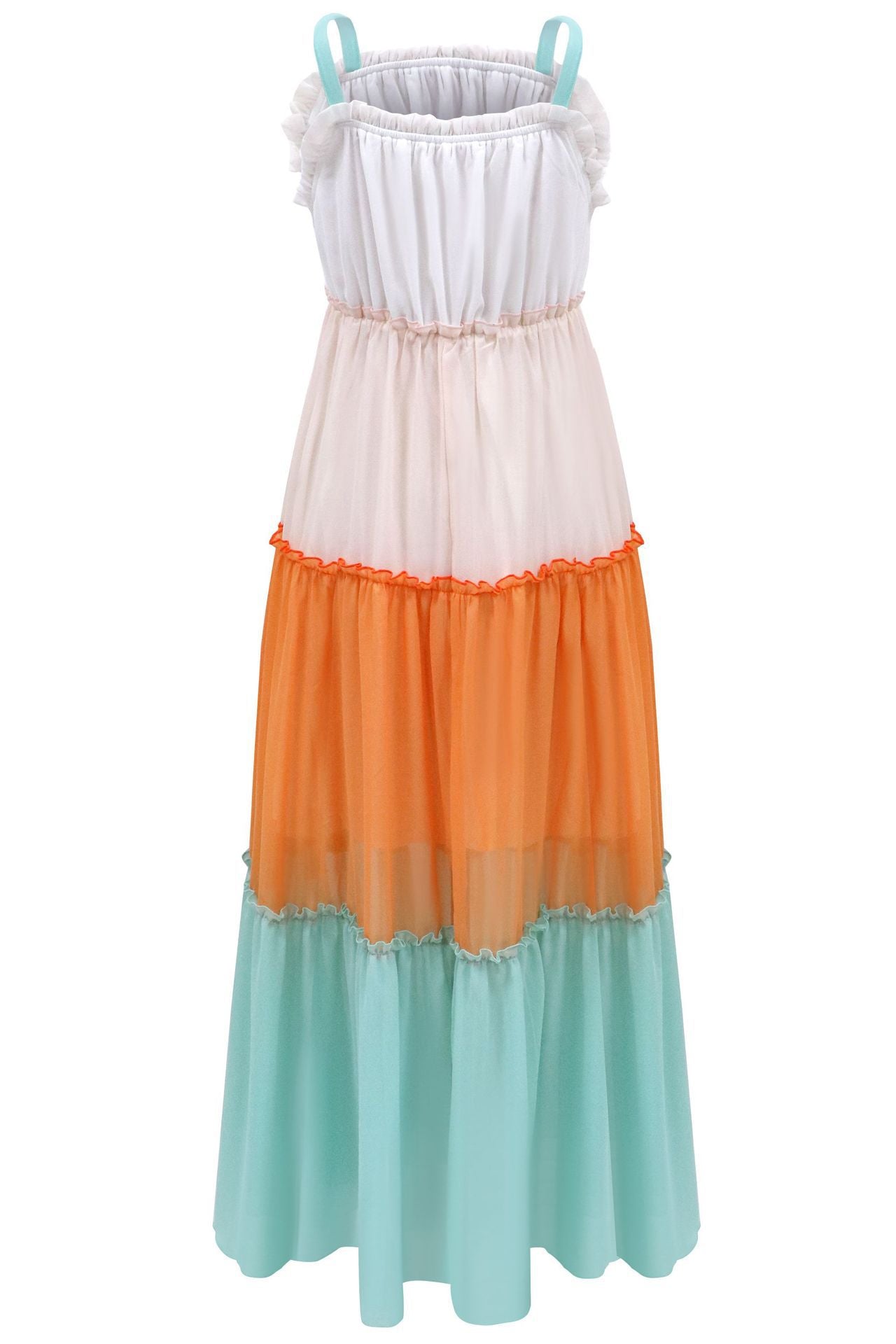 Color Block Maxi Dress with Tiered Skirt and Spaghetti Straps