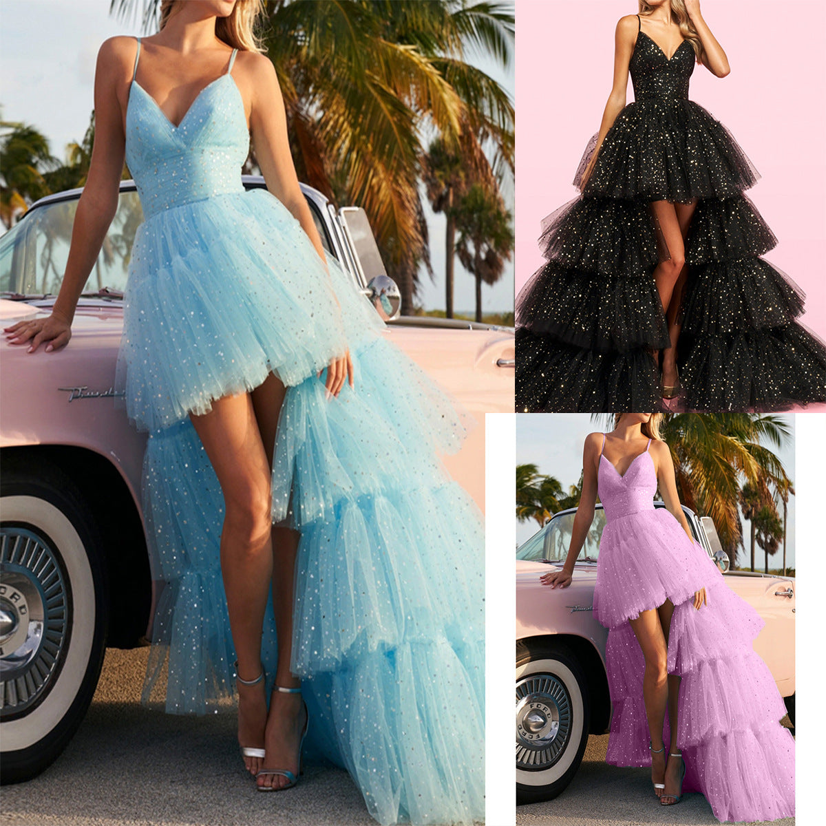 High-Low Tiered Tulle Gown with Sparkle Detail