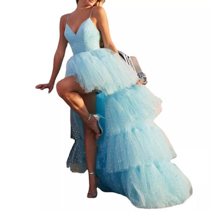 High-Low Tiered Tulle Gown with Sparkle Detail