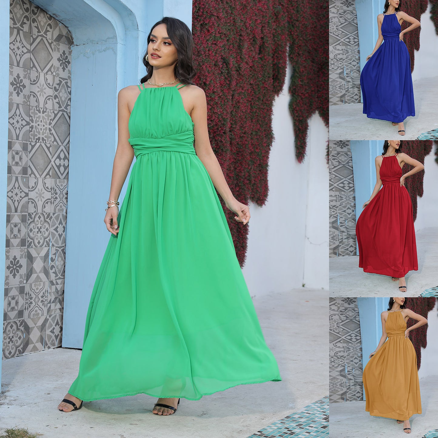 Solid Color Chiffon Maxi Dress with Halter Neck
