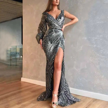 Geometric Sequin Maxi Dress with Asymmetrical V-Neck and Slit