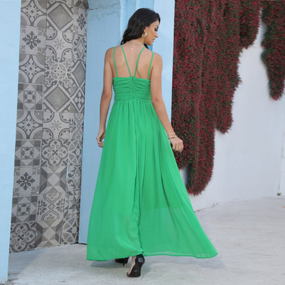 Solid Color Chiffon Maxi Dress with Halter Neck