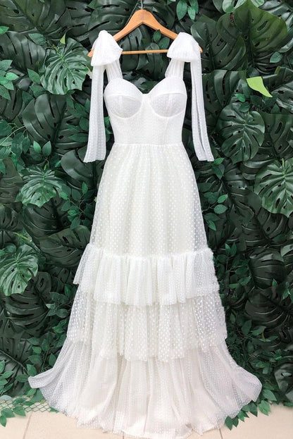 Polka Dot Mesh Wedding Dress with Tiered Skirt and Tie-Shoulders