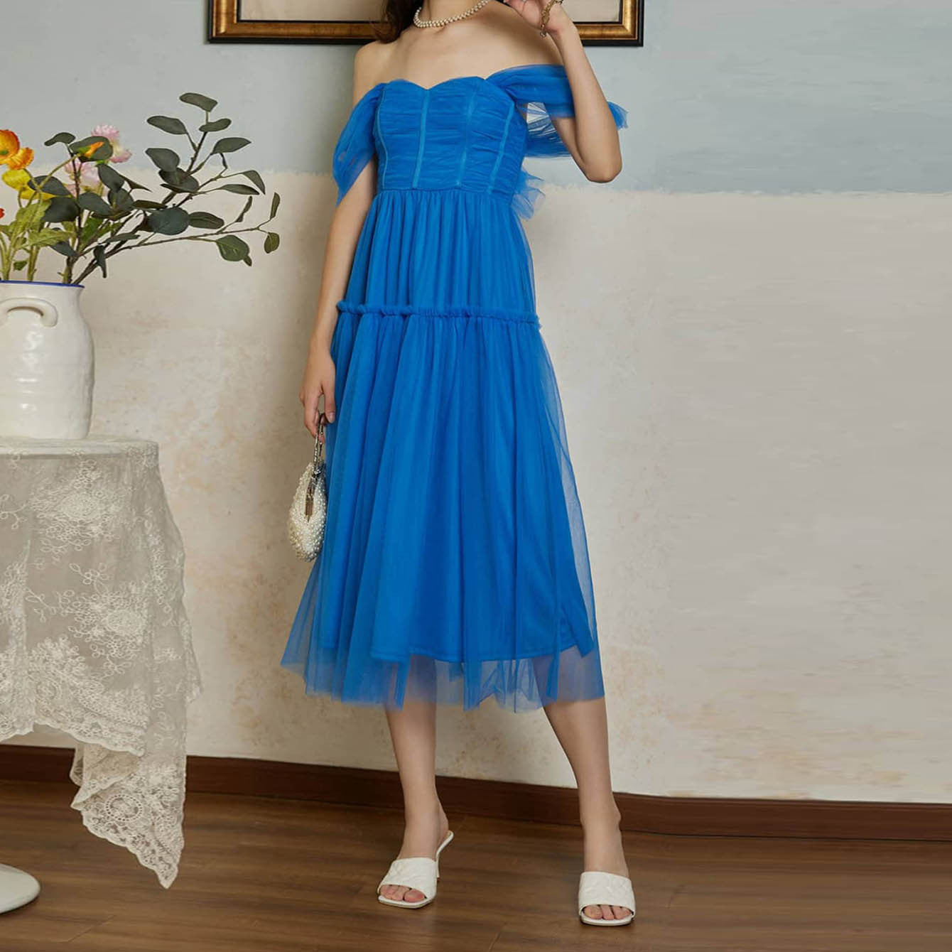 Mesh Off-Shoulder Midi Dress with Tutu Skirt