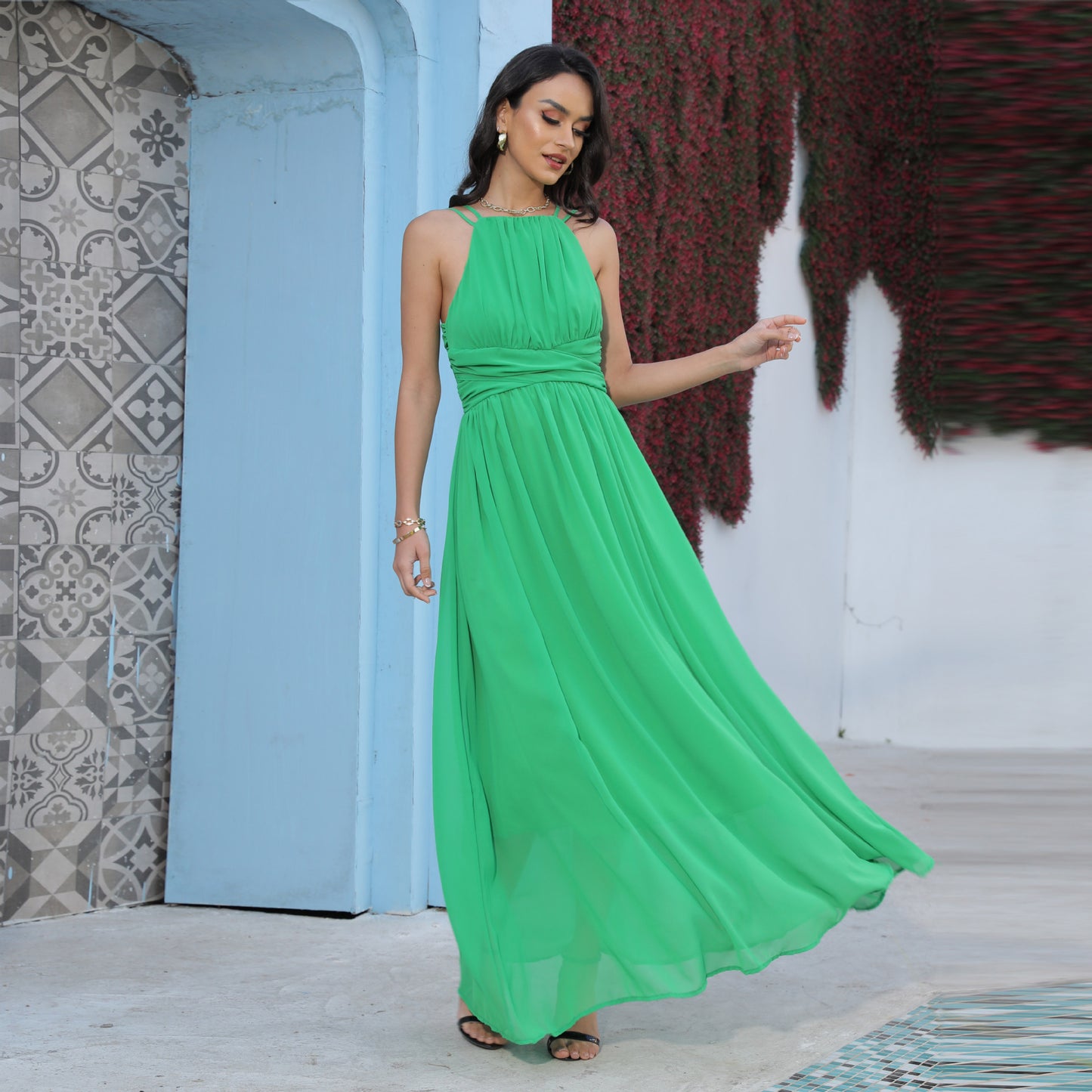 Solid Color Chiffon Maxi Dress with Halter Neck