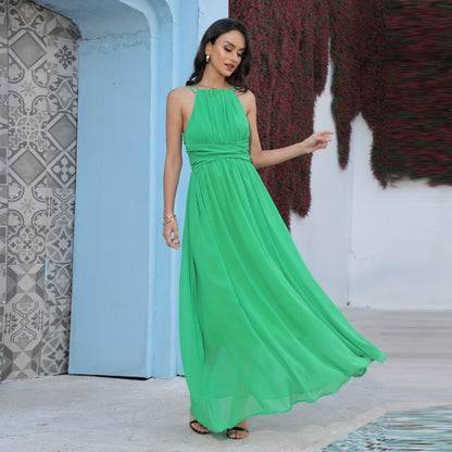 Solid Color Chiffon Maxi Dress with Halter Neck