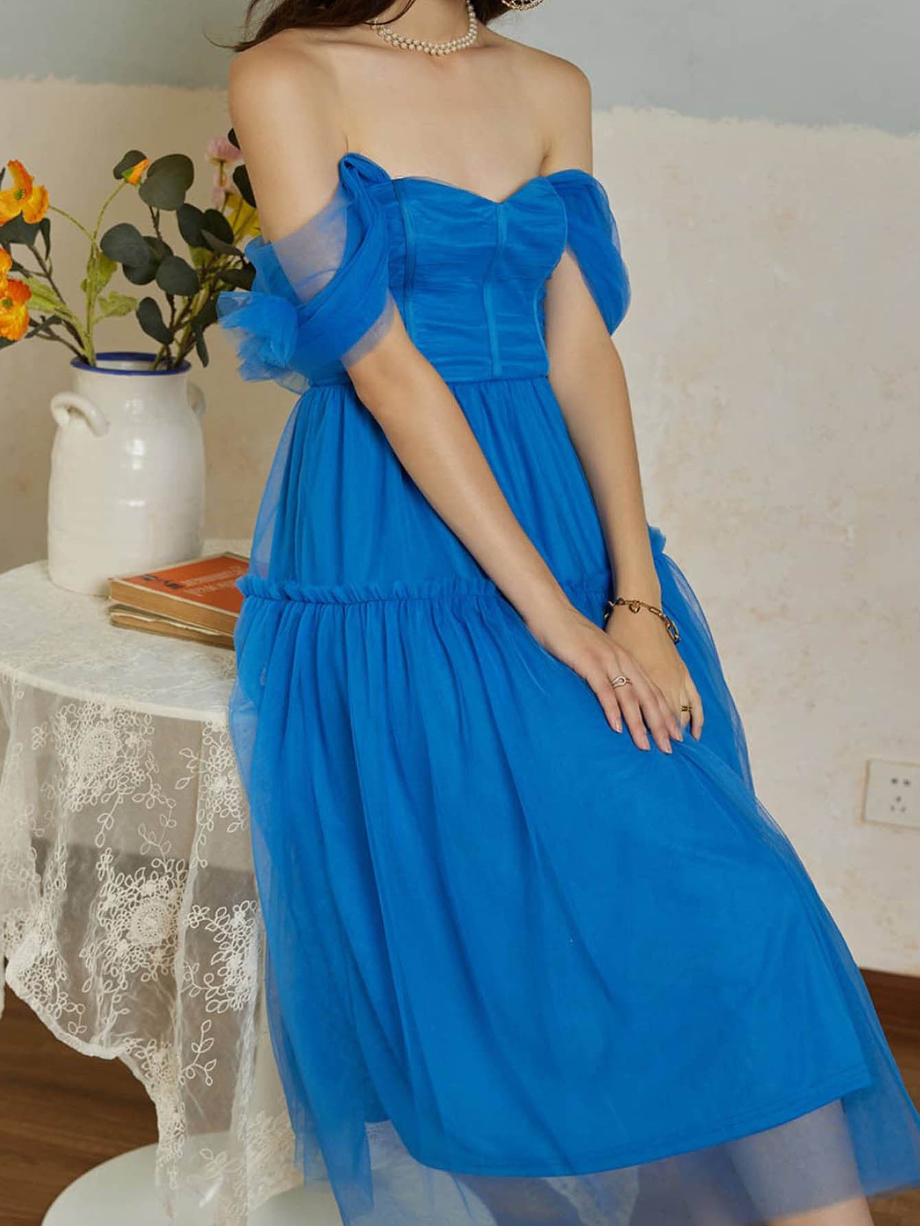 Mesh Off-Shoulder Midi Dress with Tutu Skirt