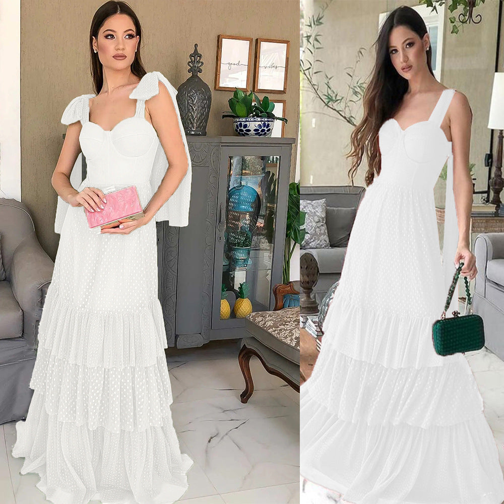 Polka Dot Mesh Wedding Dress with Tiered Skirt and Tie-Shoulders