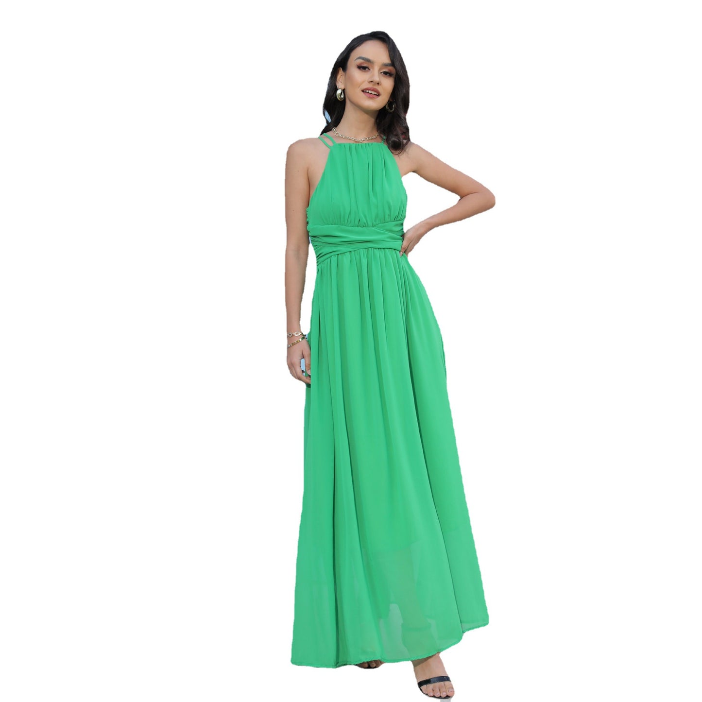 Solid Color Chiffon Maxi Dress with Halter Neck