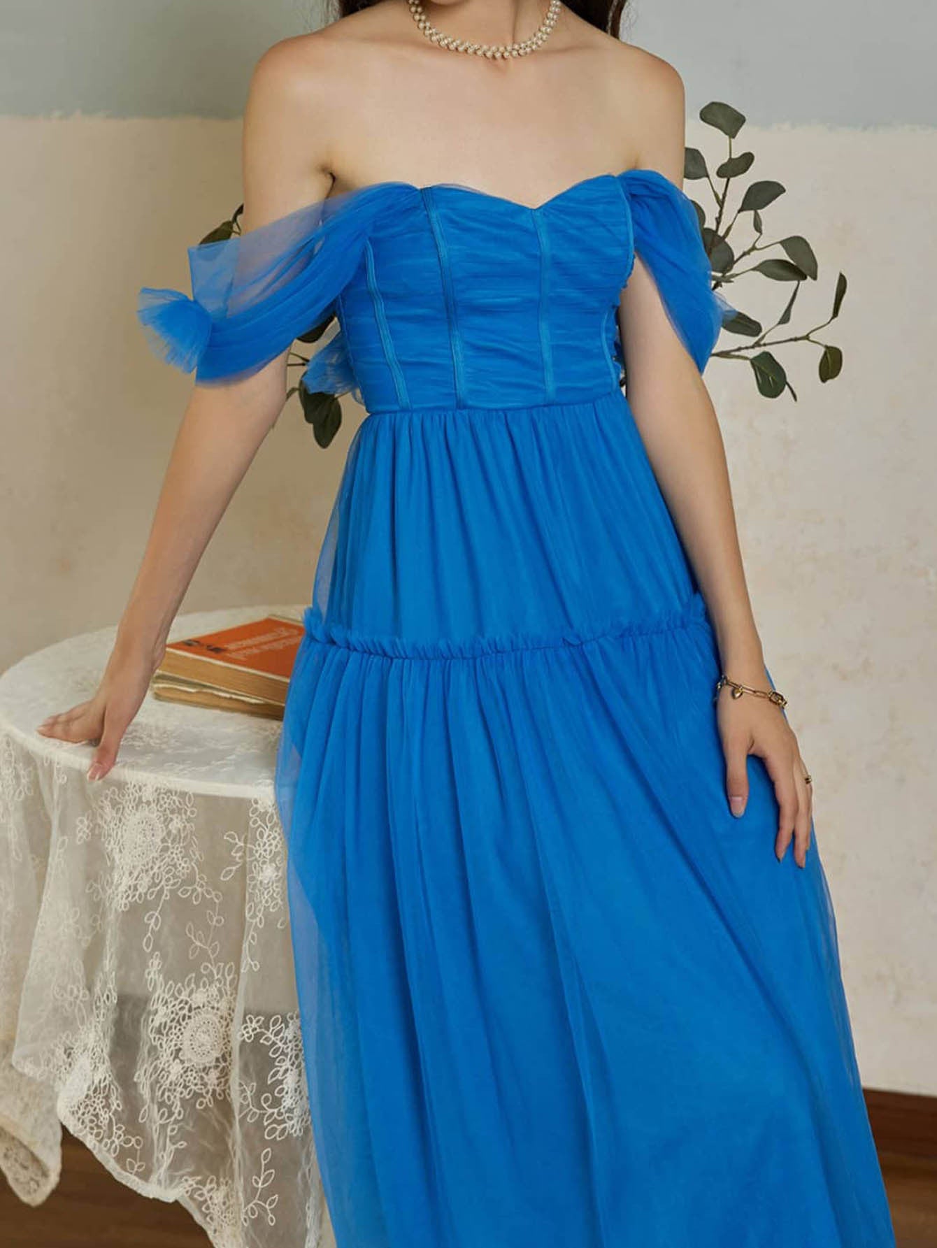 Mesh Off-Shoulder Midi Dress with Tutu Skirt