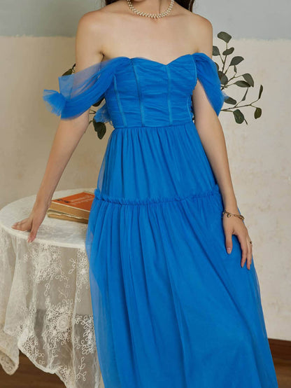 Mesh Off-Shoulder Midi Dress with Tutu Skirt